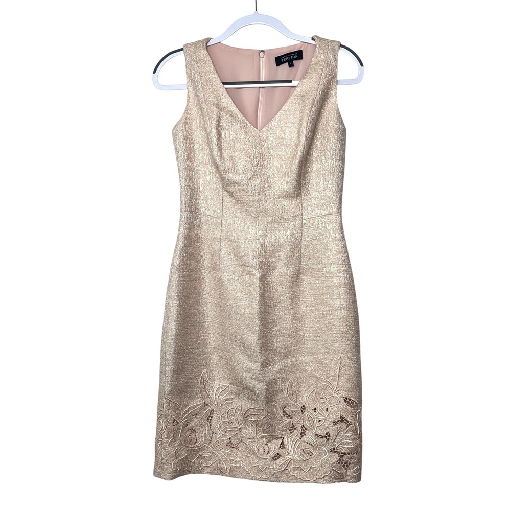 Rickie Freeman Teri Jon Metallic Pink Gold Dress Lace‎ Party Cocktail Sheath 4